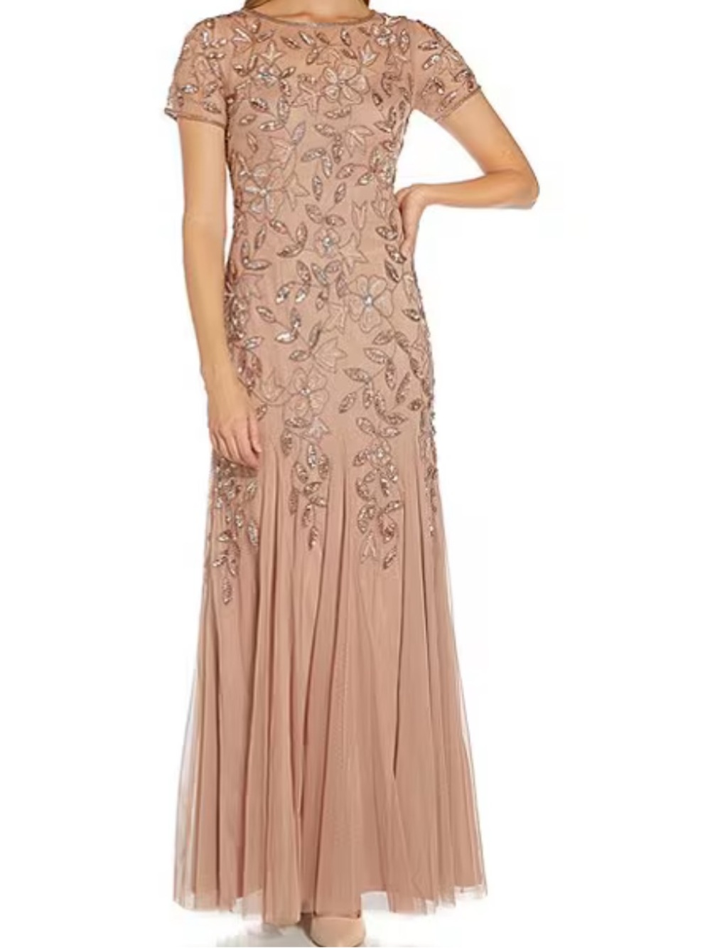 Adrianna Papell beaded Floral short sleeves Godet long dress gown size 22W